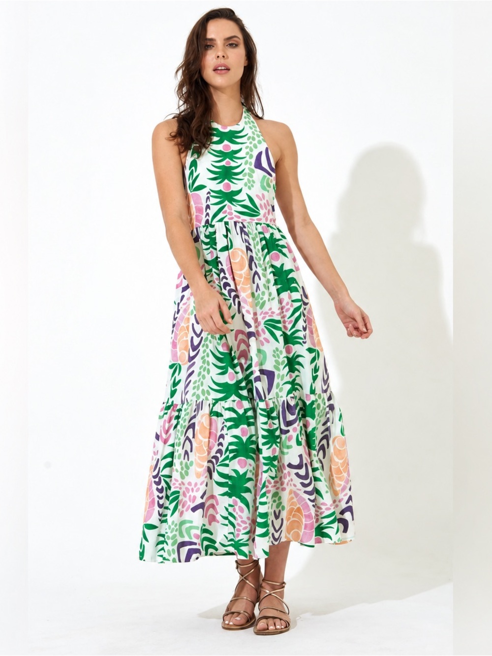 Oliphant Grenadine White Halter Maxi Dress Green Floral Size S
